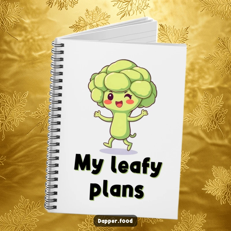 Funny Broccoli Notebook featuring a beaming broccoli floret character doing a cheerful jig, perfect for capturing bright ideas with humor.