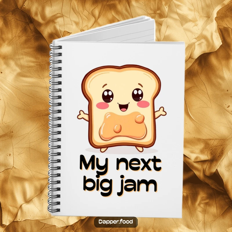Funny Notebook: A delighted piece of toast with eager eyes leaps towards a jelly jar, symbolizing chasing after ideas.