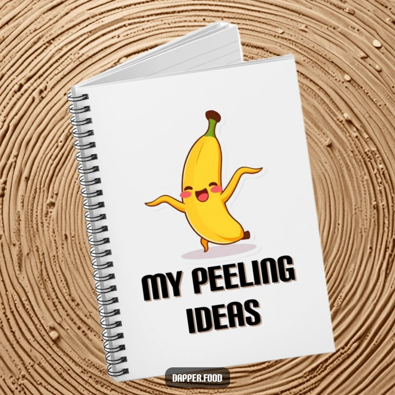 Funny banana character doing a cartwheel, peel flying, ready for writing in this fun and practical notebook.