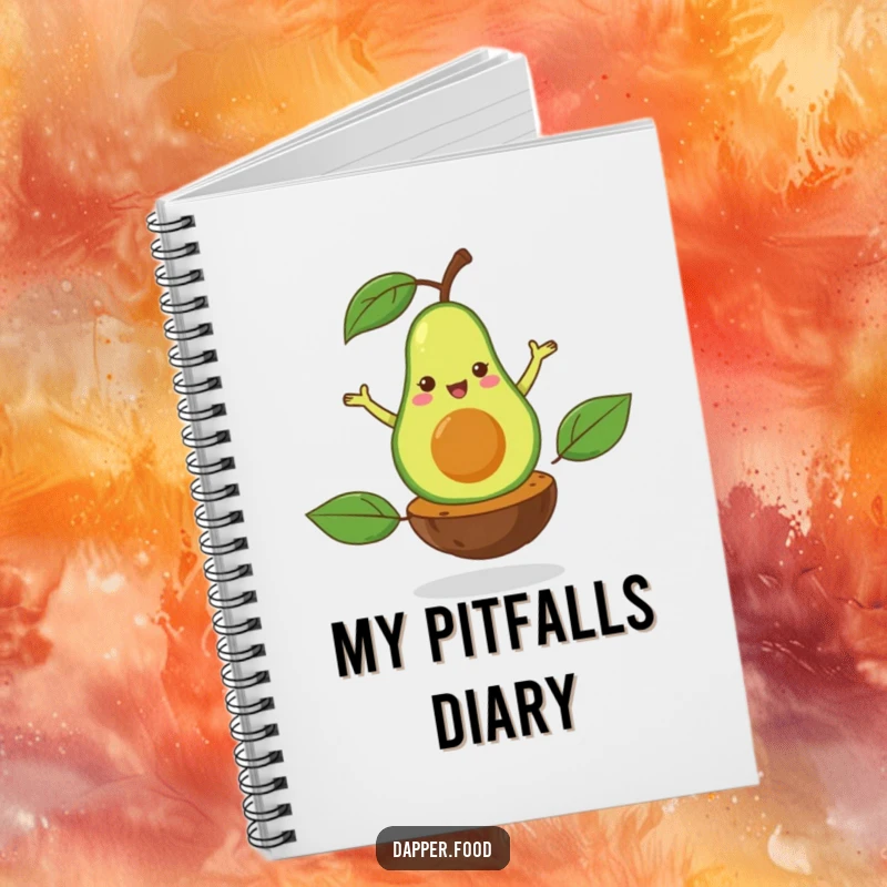 Funny notebook cover featuring a happy avocado performing a flamboyant pirouette on its pit, inspiring healthy thoughts.