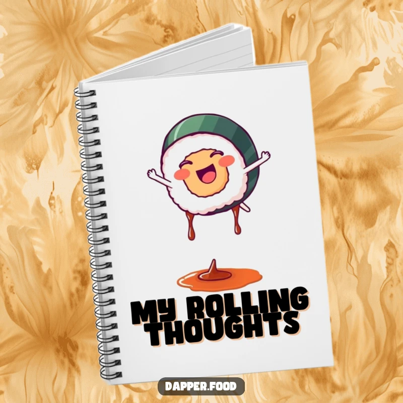 Funny sushi notebook with a happy sushi piece doing a cartwheel with soy sauce drips, great for notes and creativity.