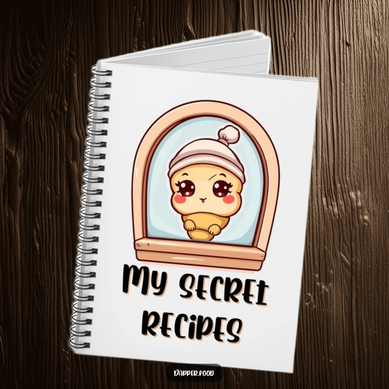 Funny notebook with a curious croissant character with eyes and a tiny hat, peeking from a bakery window, for note-taking.