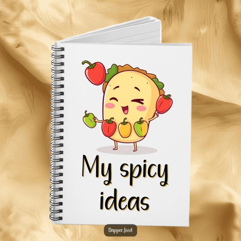 Funny notebook cover depicting a winking taco character juggling three small bell peppers, inspiring creative and delicious ideas.