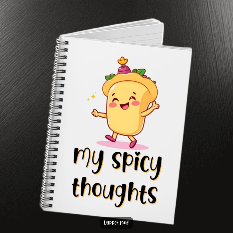 Funny notebook with a smiling taco character dancing joyfully with castanets, inspiring notes and doodles.
