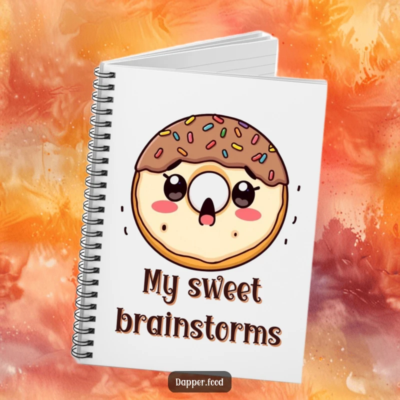 Funny notebook cover with a surprised doughnut character experiencing a delightful shower of colorful sprinkles.