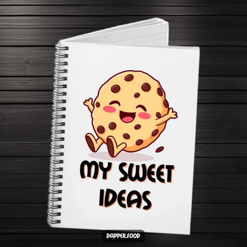 Funny notebook featuring a giggling cookie character with chocolate chips rolling downhill with glee. Ideal for capturing ideas with humor.