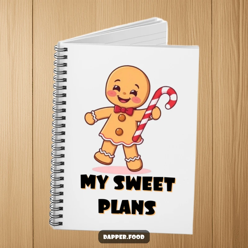 Funny Gingerbread Man Notebook, smiling and jigging with a candy cane, perfect for jotting down festive notes with humor.