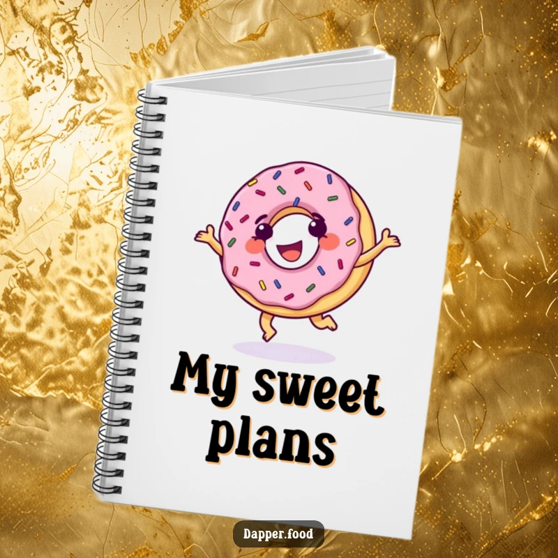 Funny Donut Notebook, grinning with sprinkles, cartwheeling with glee, perfect for jotting down sweet notes with humor.