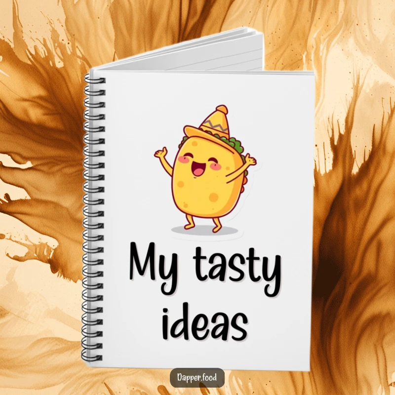 Funny Taco Notebook, happily dancing with a tiny sombrero, perfect for jotting down fiesta notes with humor.