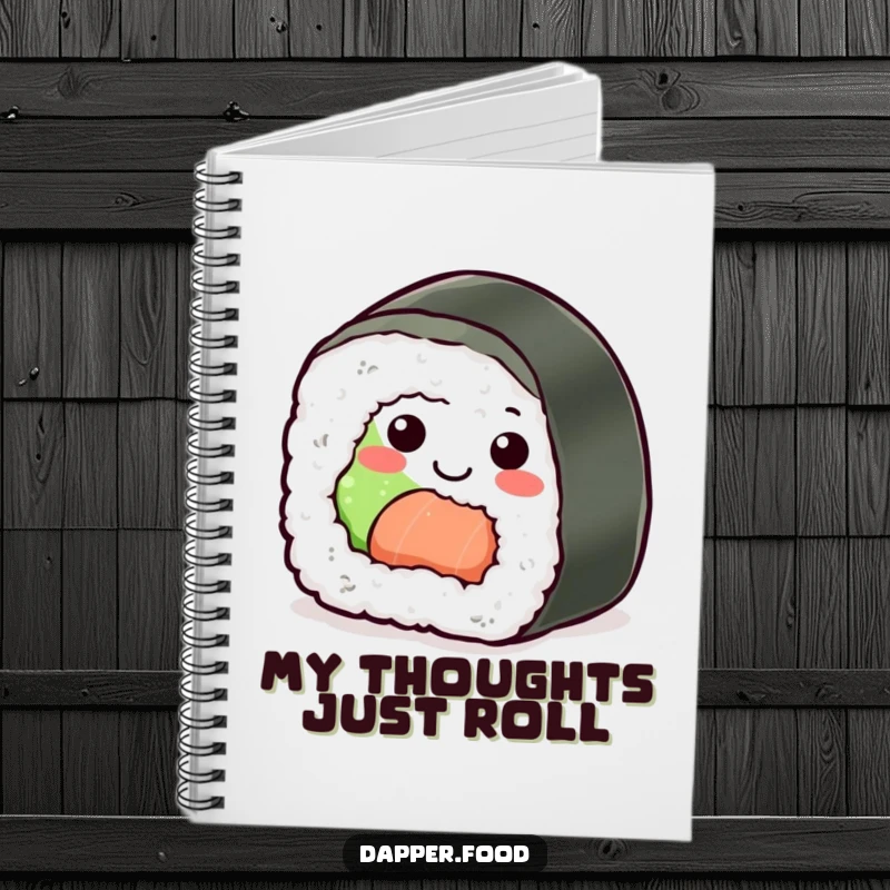 Funny Sushi Roll Notebook: A cheerful sushi piece rolling happily, perfect for jotting down notes and ideas.