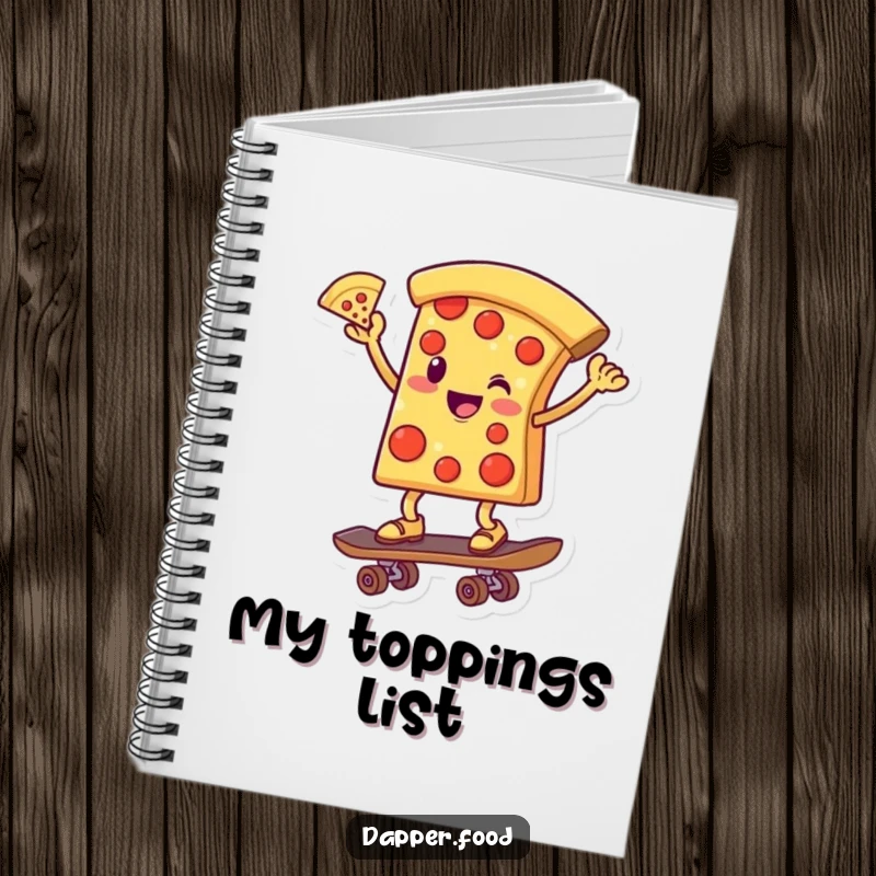 Funny notebook cover with a smiling pizza slice character balancing on a skateboard, one slice pointing forward, in motion.
