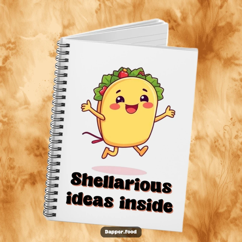Funny taco notebook with a smiling taco character jumping rope with its shell, ideal for notes and doodles.