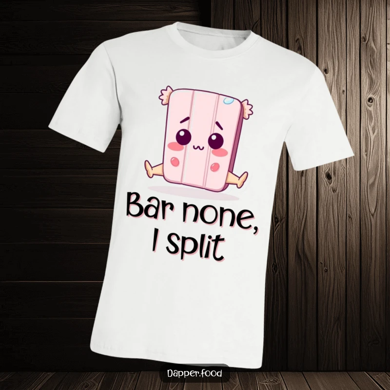 Funny T-Shirt: Happy anthropomorphic candy bar character in a surprising split pose, showcasing a flexible and humorous design for casual wear.