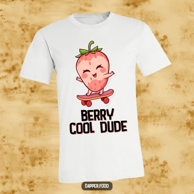 Funny strawberry t-shirt with a winking strawberry character cruising on a tiny skateboard, a cool and fruity design.