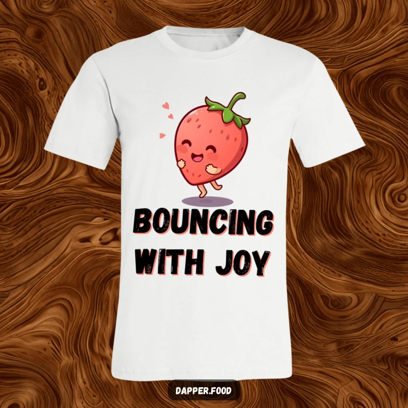 Funny Kawaii strawberry character giggling while bouncing on its stem, featured on a humorous t-shirt.