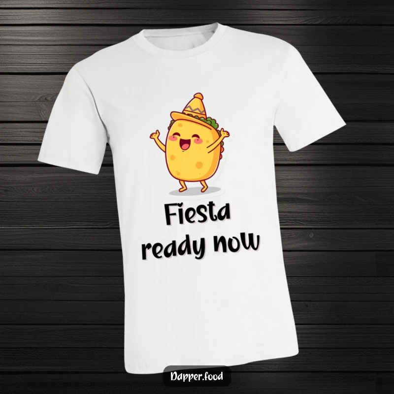 Funny Taco T-Shirt, happily dancing with a tiny sombrero, celebrating deliciousness with humorous fiesta energy.