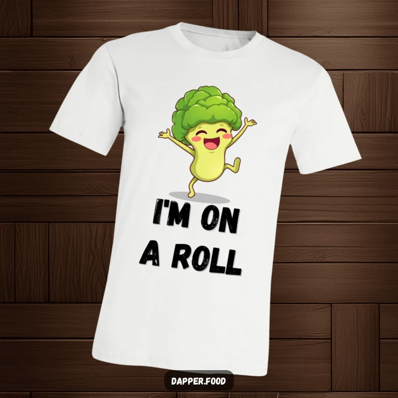 Funny broccoli character in a dynamic cartwheel pose, conveying pure glee and humor on a comfortable t-shirt.