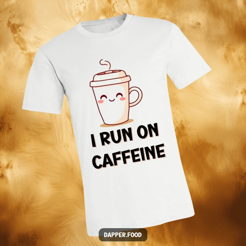 Funny coffee cup t-shirt character joyfully spilling steam, conveying warmth, energy, and charming morning vibes.