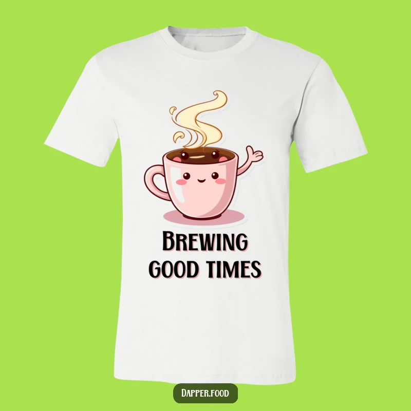 Funny Coffee Cup T-Shirt - Waving Character Tee for Humorous Coffee Enthusiasts