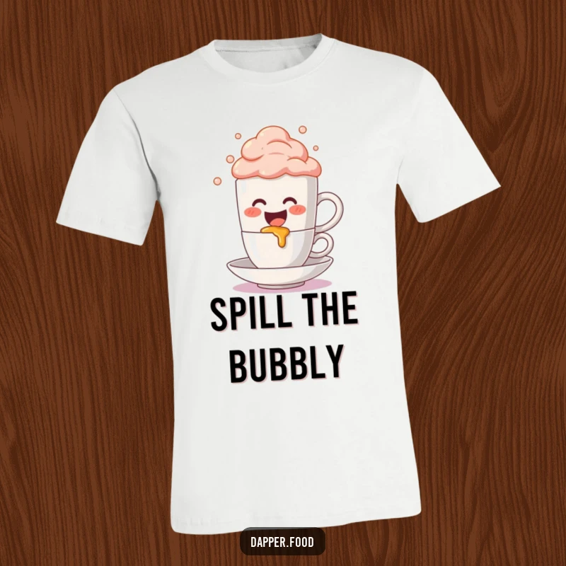 Funny T-Shirt: A cute anthropomorphic coffee mug character joyfully spills bubbly foam, showcasing a playful and humorous coffee-themed design.