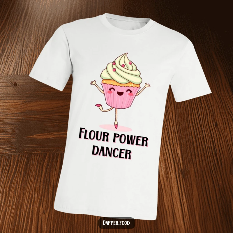 Funny t-shirt graphic of a happy cupcake with legs in a ballet pirouette pose, symbolizing sweetness and artistic flair.