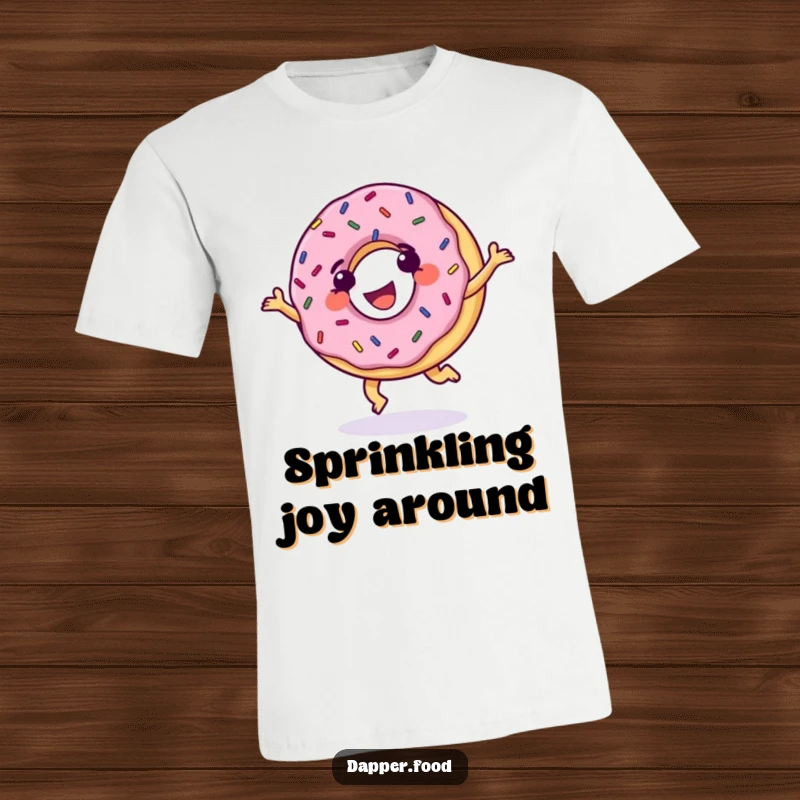 Funny Donut T-Shirt, grinning with sprinkles, cartwheeling with glee, celebrating sweetness with humorous delight.