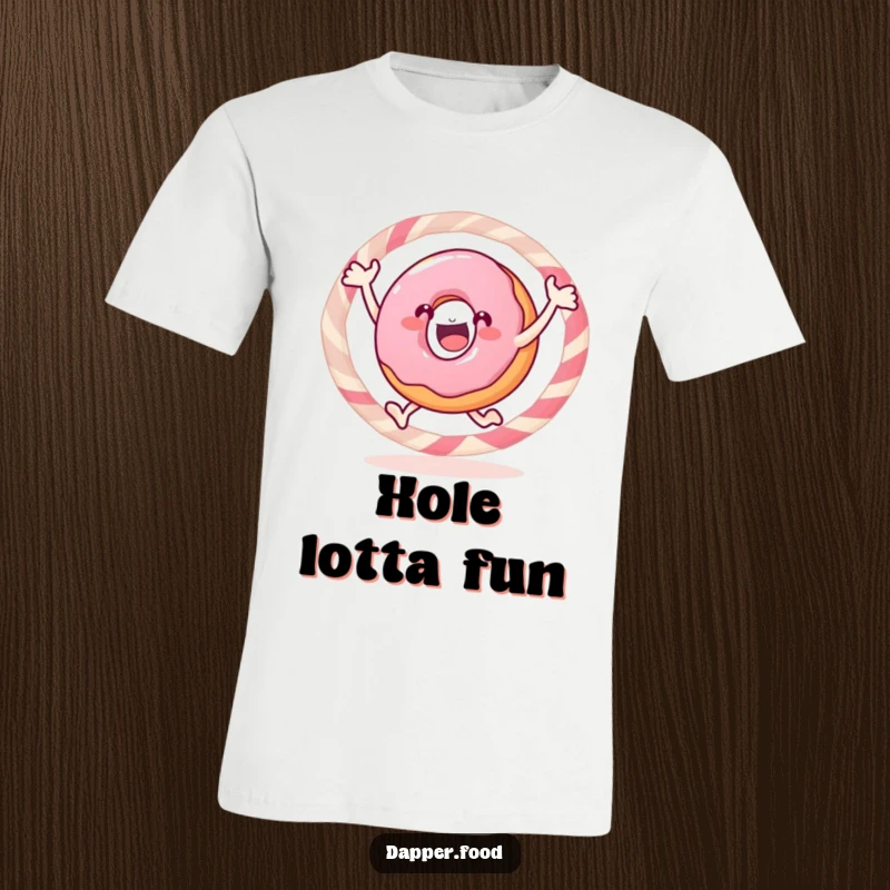 Funny donut t-shirt, a gleeful pastry leaping through a candy hoop with infectious enthusiasm and joy.