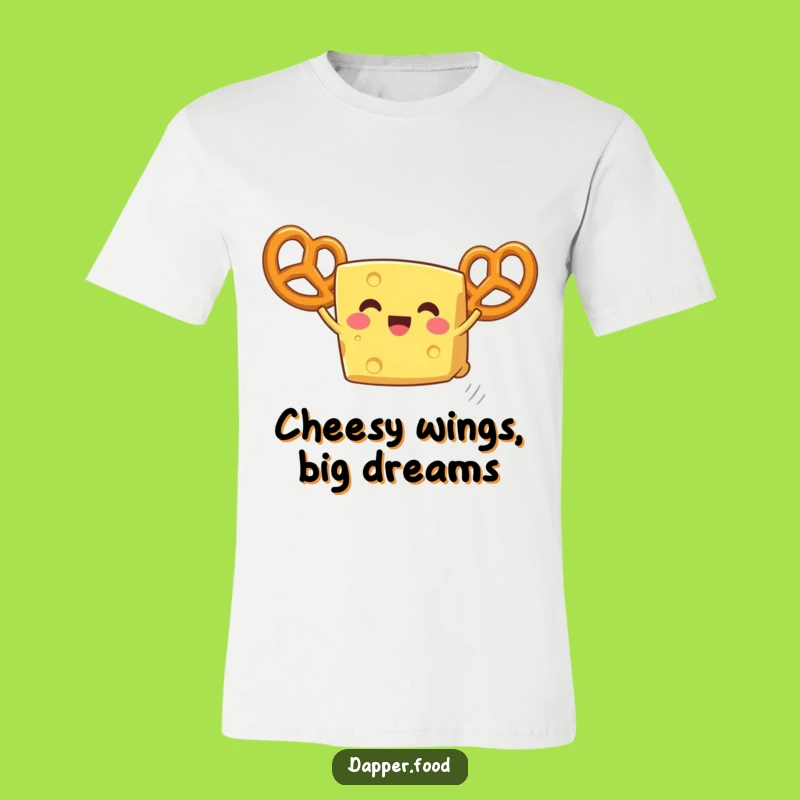 Funny Flying Cheese T-Shirt with Pretzel Wings - A Comical Foodie Tee