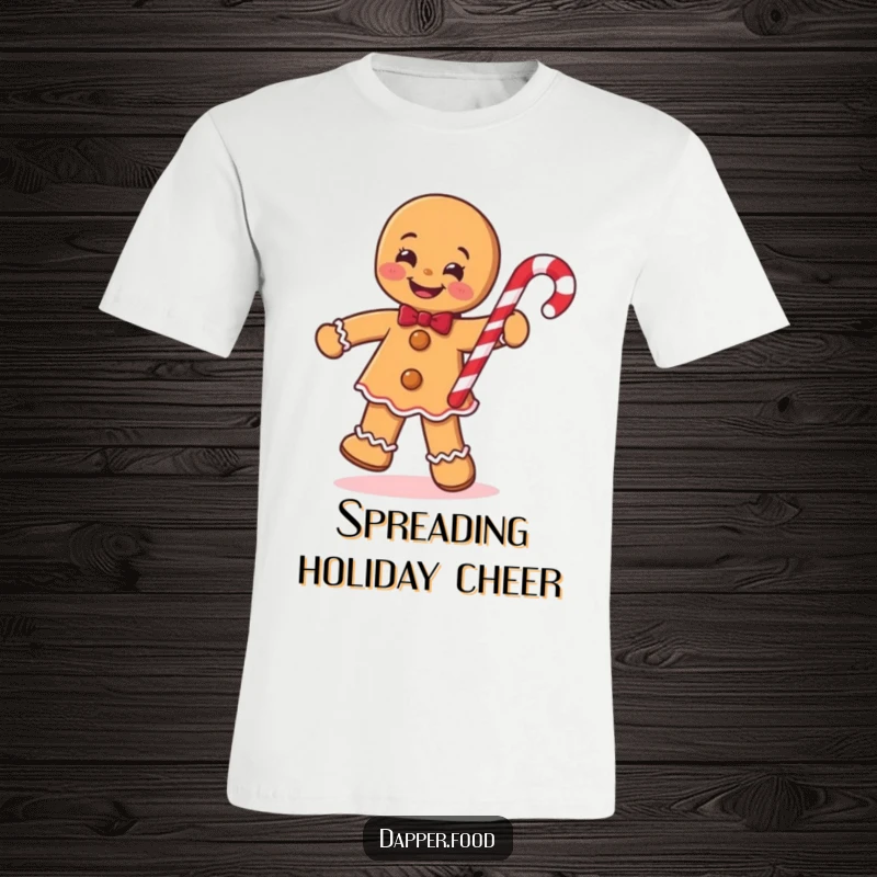 Funny Gingerbread Man T-Shirt, smiling and doing a jig with a candy cane, perfect for festive holiday celebrations.
