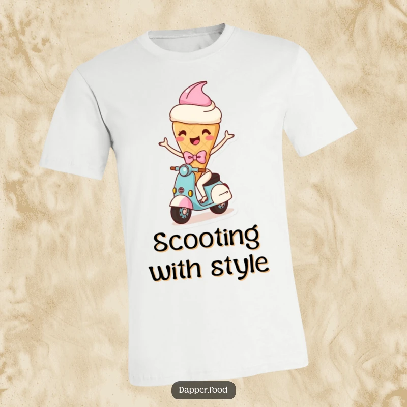 Funny t-shirt featuring a happy ice cream cone character with arms and a bow, comically riding a scooter, expressing joy and freedom.