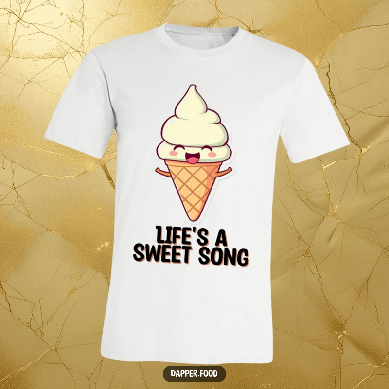 Funny Ice Cream T-Shirt: A joyous ice cream cone character tilted as if singing, embodying pure sweet fun.