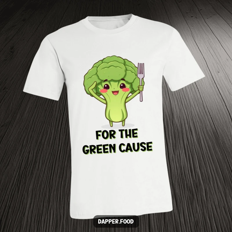 Funny t-shirt featuring a proud broccoli floret character with arms, giving a salute with a tiny fork, celebrating healthy choices.