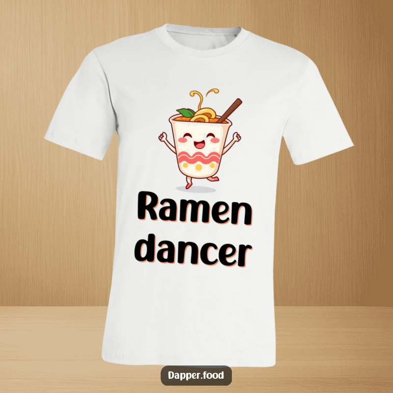 Funny t-shirt with a smiling ramen cup character dancing joyfully with chopsticks, a celebration of noodle culture.