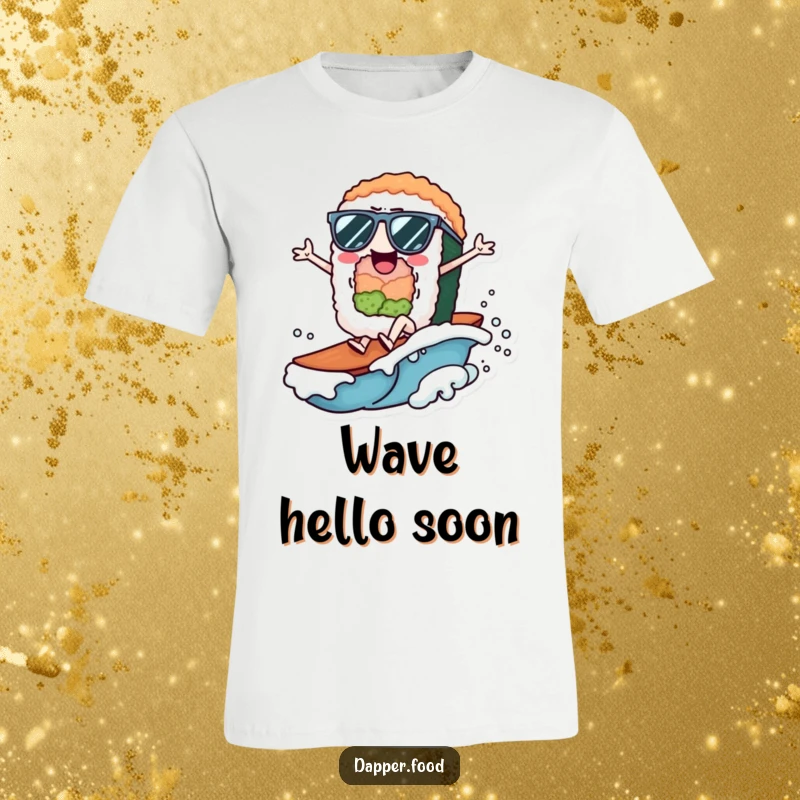 Funny T-Shirt showing a cheerful sushi roll character wearing tiny sunglasses, riding a small wave with enthusiasm.