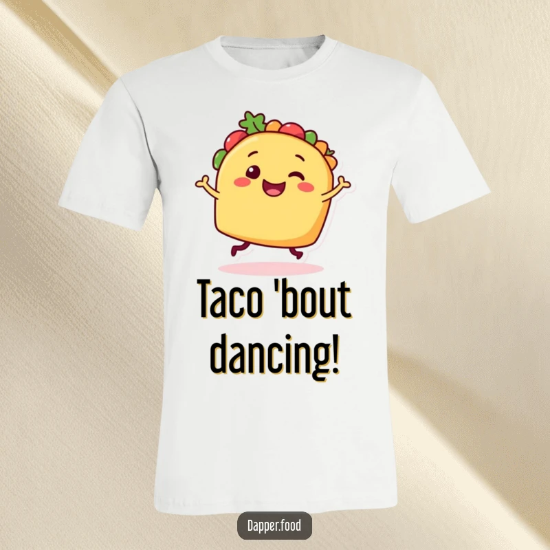 Funny Taco Dancer T-Shirt: A smiling taco character performing an energetic dance, showcasing pure joy and delicious fun.