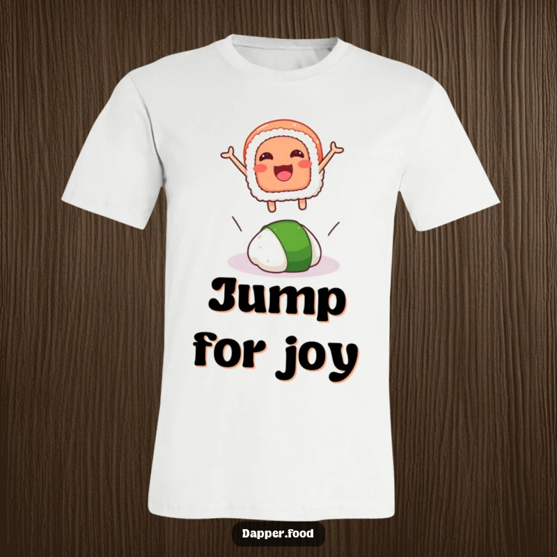 Funny t-shirt featuring a smiling sushi slice enthusiastically leaping over a rogue wasabi dollop, celebrating food-related fun.