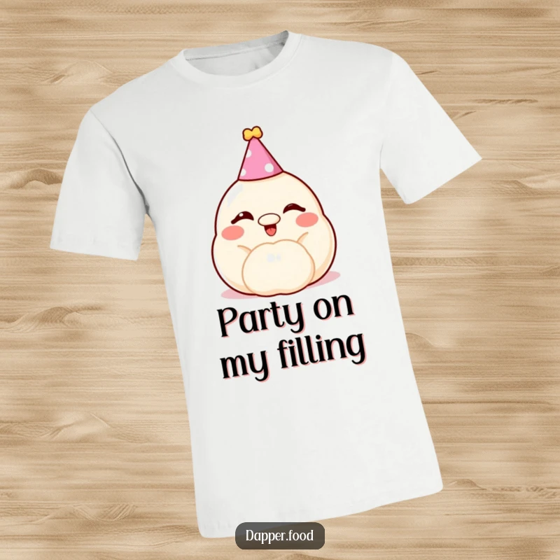 Funny dumpling t-shirt, a cheerful, winking bun with a tiny party hat, embodying pure, happy celebration.