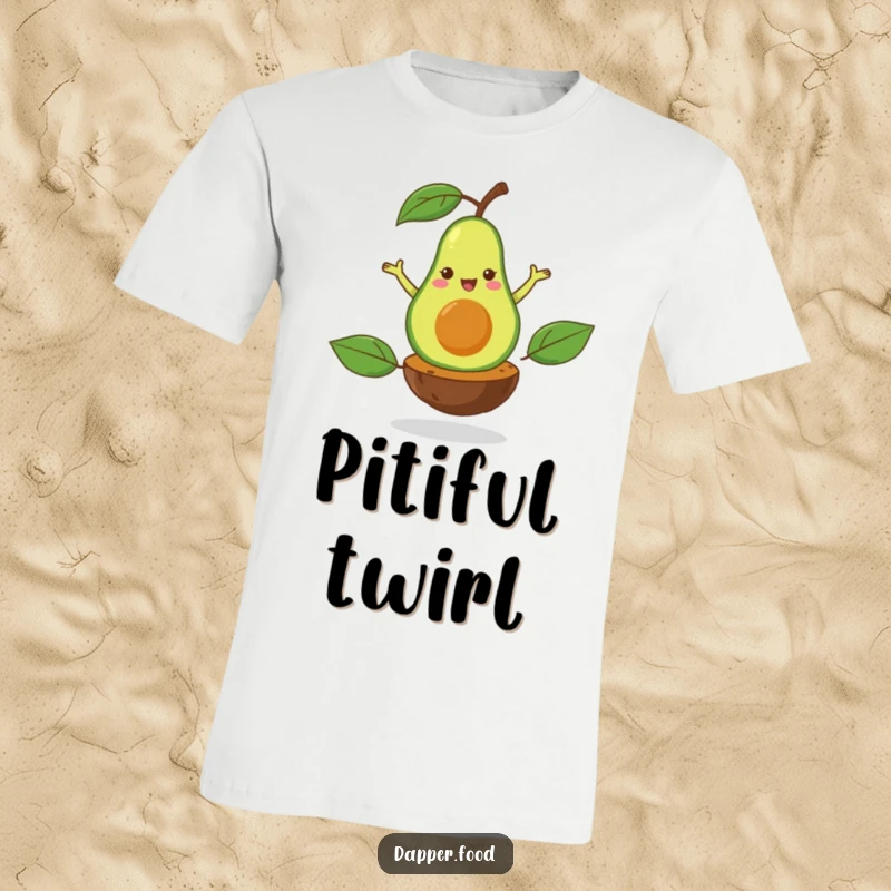 Funny t-shirt featuring a happy avocado gracefully doing a flamboyant pirouette on its pit, showcasing healthy and humorous elegance.