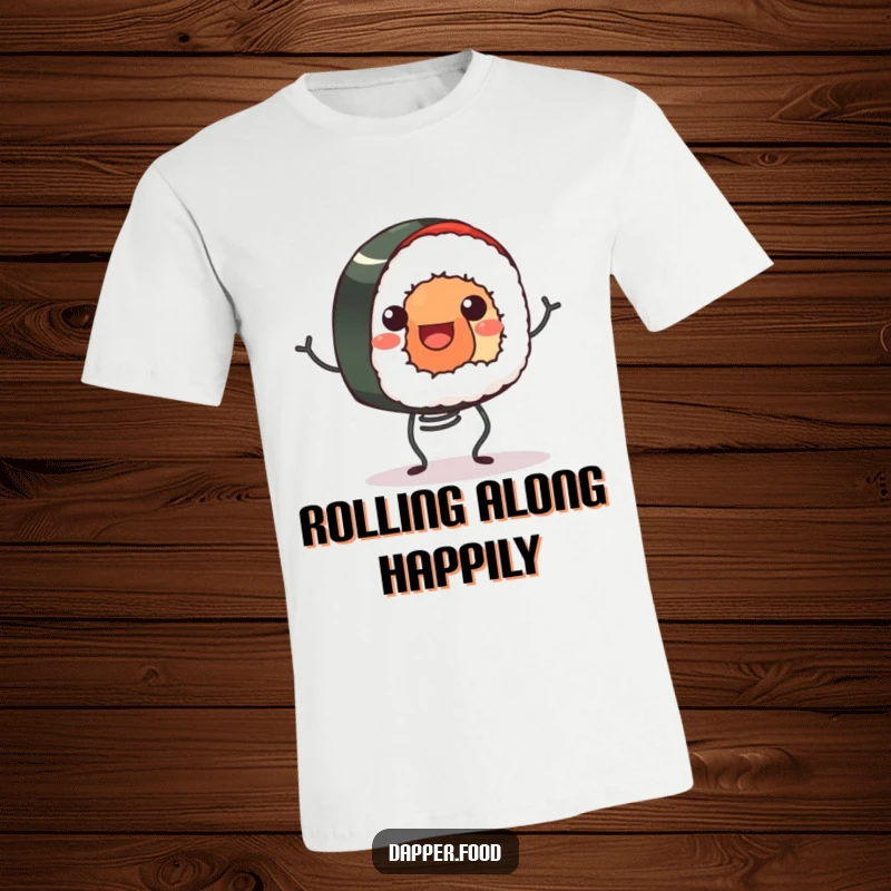 Funny t-shirt of a smiling sushi roll happily bouncing on small spring legs, embodying cheerful energy and sushi love.