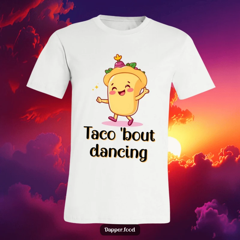 Funny t-shirt showcasing a smiling taco character energetically dancing with little castanets, radiating pure happiness and a love for food.