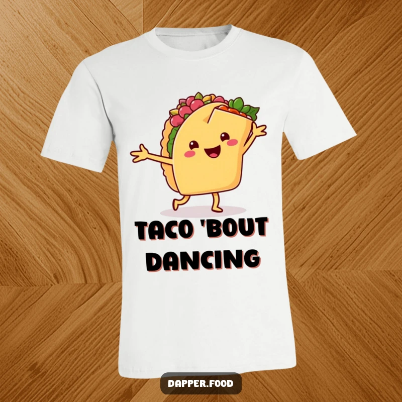Funny t-shirt of a happy taco doing a salsa dance with a cheerful burrito, capturing the spirit of a lively fiesta.