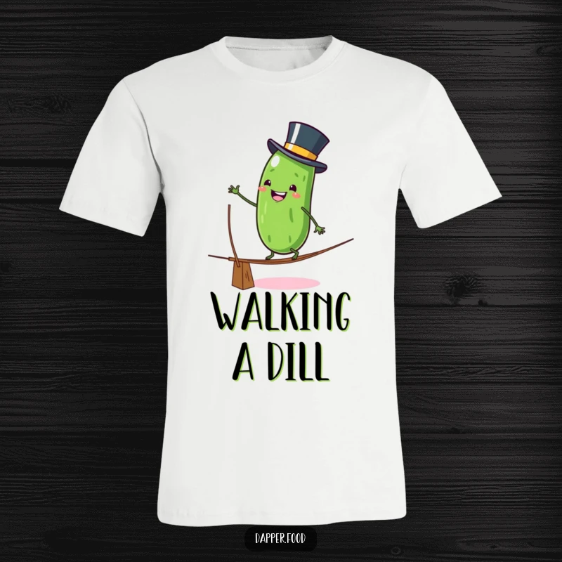 Funny T-Shirt: A grinning anthropomorphic pickle character wearing a top hat attempts a wobbly tightrope walk, showcasing a daring and humorous design.
