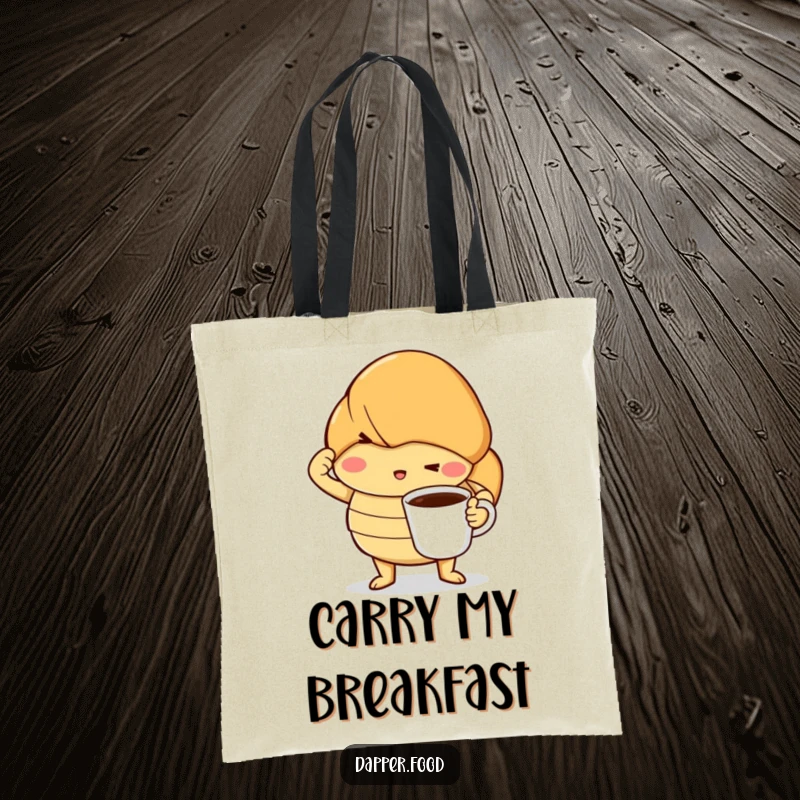 Funny tote bag with a determined croissant striking a dramatic pose with a tiny coffee cup, ideal for carrying daily essentials with flair.