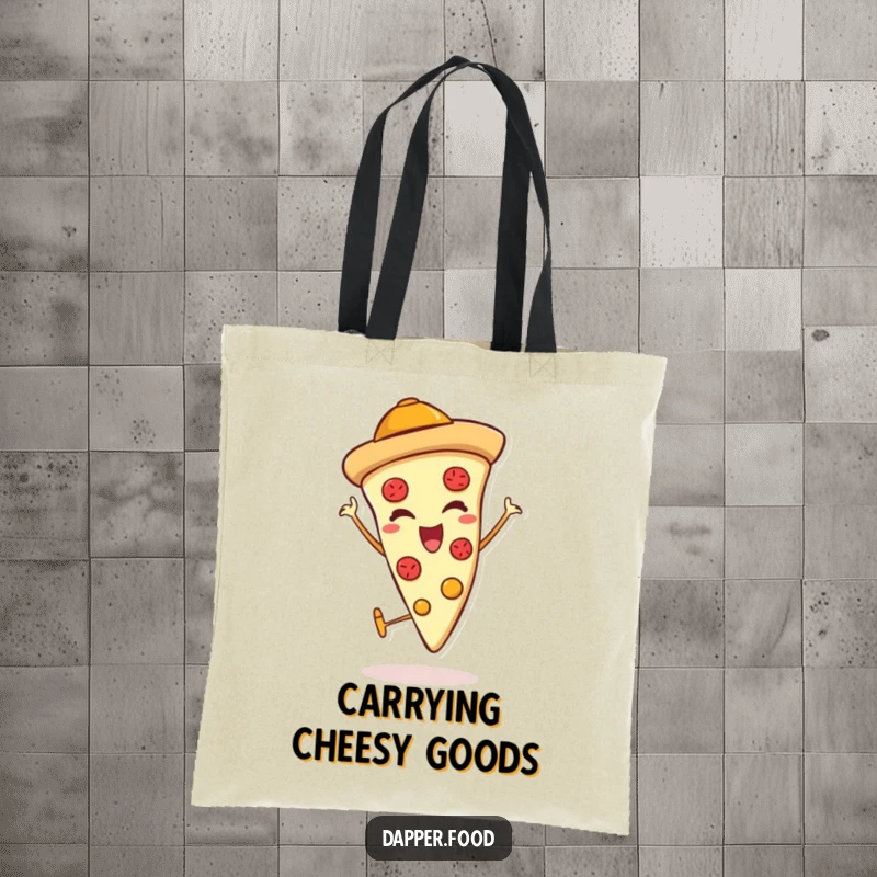 Funny tote bag with a pizza slice character in a hat, winking and giving a thumbs up, ready for any adventure.