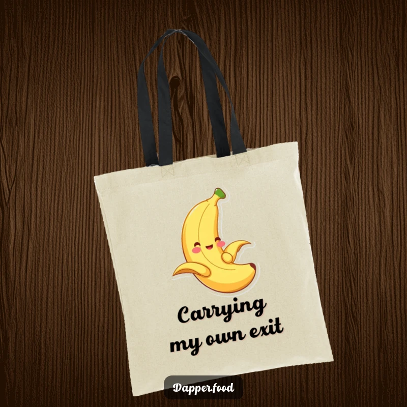 Funny banana tote bag, a smiling fruit sliding down its peel, ready for a fun day out.