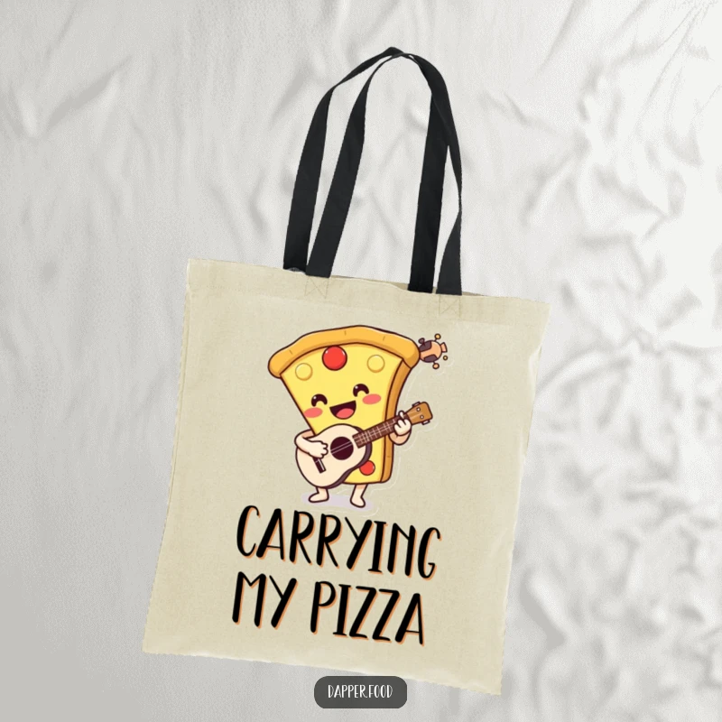 Funny tote bag featuring a smiling pizza slice character playing a ukulele. A humorous and practical accessory for music and food lovers.