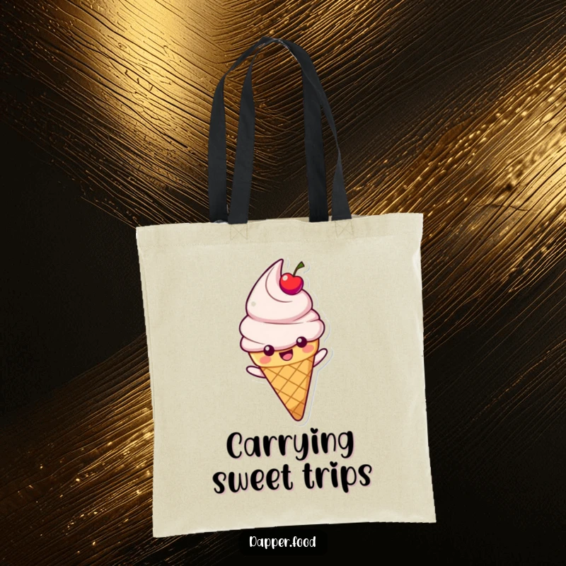 Funny tote bag featuring a happy ice cream cone character with a cherry topping sliding, ideal for humorous carrying.