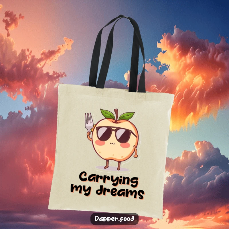 Funny tote bag showing a blushing apple character with legs, wearing a ribbon, trying to fly with wings, for everyday inspiration.