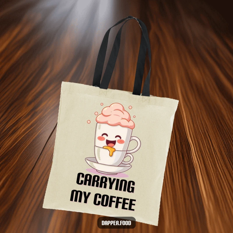 Funny Tote Bag: An anthropomorphic coffee mug character gleefully spills bubbly foam, a unique and humorous design for carrying everyday essentials.