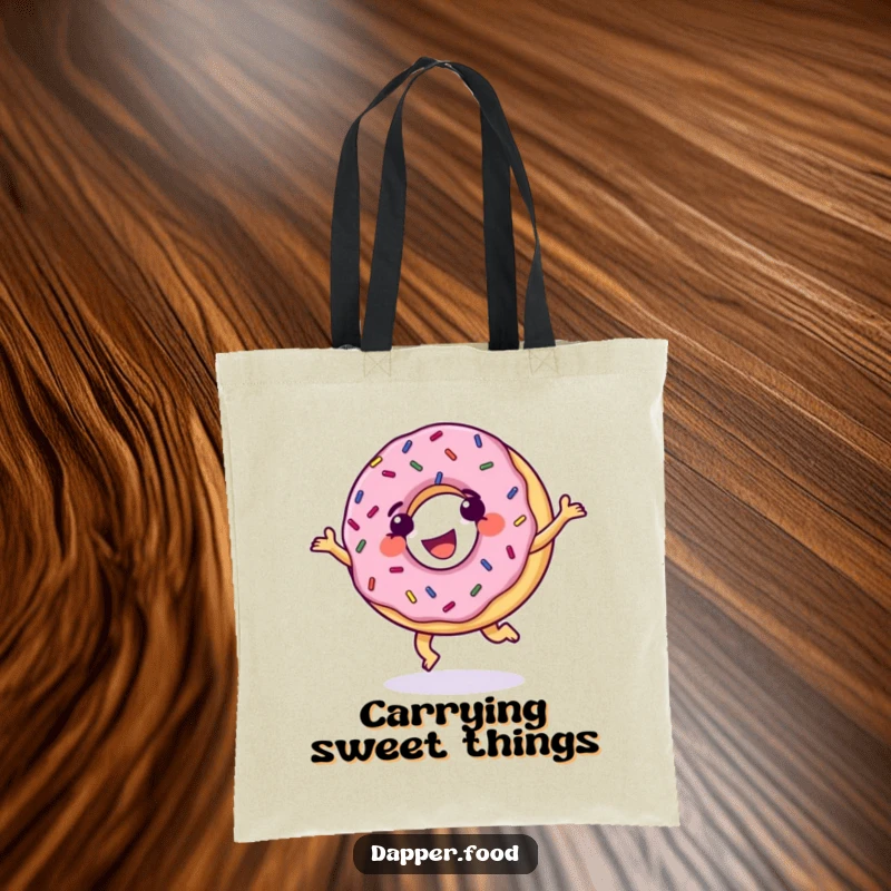 Funny Donut Tote Bag, grinning with sprinkles, cartwheeling with glee, carrying sweet joy with humorous style.